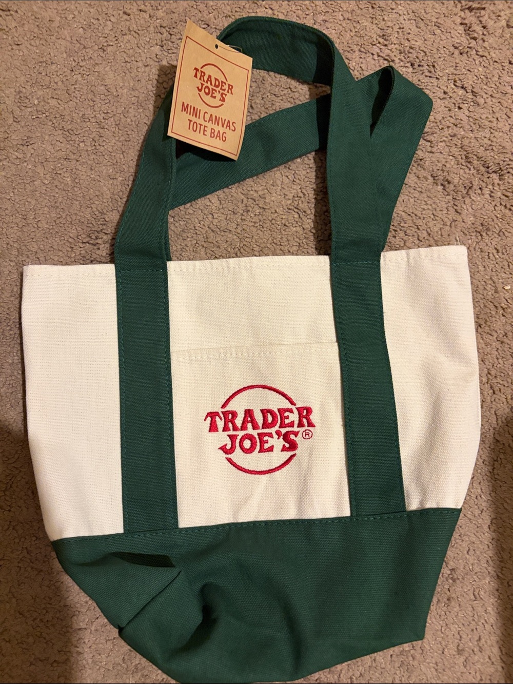 Trader Joe's Mini Canvas Tote Bag in Cream and Dark Green